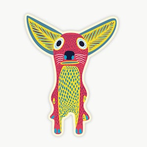 May include: A whimsical sticker featuring a stylized creature with large ears and a vibrant color palette. The design incorporates shades of pink, yellow, blue, and white. The creature has a pink body with yellow and blue spots, and large ears with yellow and blue details.