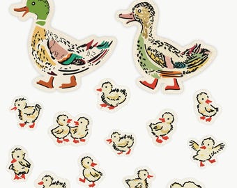 Stickers famille canard colvert, Stickers animaux sauvages des bois rétro, style illustration livre de contes