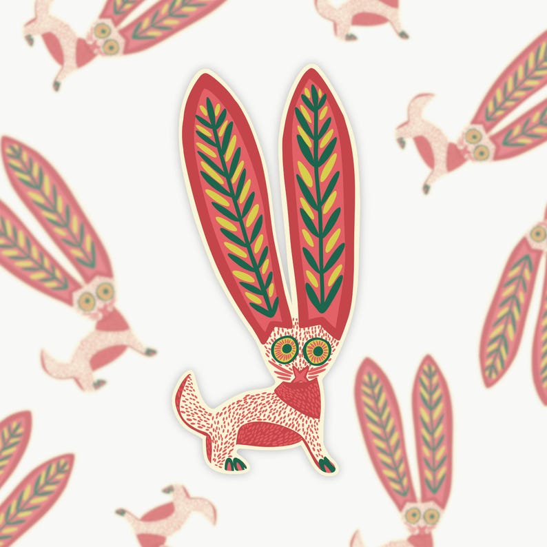 Peut inclure: Illustration fantaisiste d'une cr&eacute;ature aux longues oreilles rouges orn&eacute;es de motifs de feuilles jaunes et vertes. La cr&eacute;ature a un corps rouge avec des mouchetures blanches, de grands yeux jaunes, sur fond blanc. D'autres cr&eacute;atures similaires sont &eacute;parpill&eacute;es.