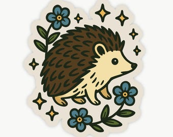 Floral Hedgehog Sticker, Woodland Animal Vinyl Sticker for Laptop, Water Bottle & Journals