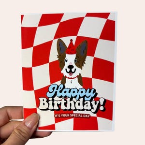 Border Collie - Cartão de aniversário divertido para cachorro - Fundo xadrez vermelho - Cartão de felicitações feito à mão A2