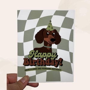 Dachshund - Cartão de aniversário divertido para cachorro - Fundo xadrez verde - Cartão de felicitações feito à mão A2