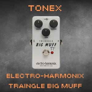 Może przedstawiać: Srebrny pedał efektów gitarowych z nadrukiem "TRIANGLE BIG MUFF" i "electro-harmonix". Pedał ma cztery pokrętła oznaczone jako "Volume", "Sustain", "Tone" oraz przełącznik nożny z czerwoną diodą LED.