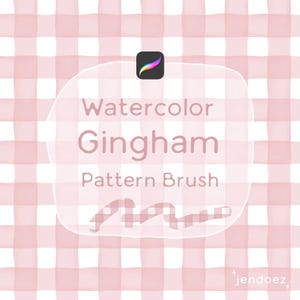May include: A digital art graphic featuring a watercolor gingham pattern in shades of pink and white. The text "Watercolor Gingham Pattern Brush" is displayed in a soft pink font, with the Procreate app icon in the top corner.