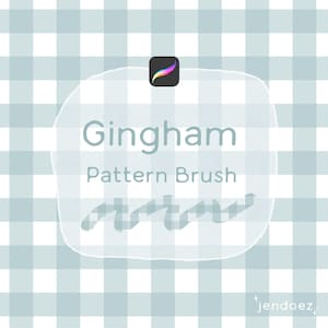 Può includere: Grafica di arte digitale con un motivo a quadri vichy blu chiaro e bianco. Il testo "Gingham Pattern Brush" è visualizzato in un carattere blu tenue, con l'icona dell'app Procreate nell'angolo in alto a sinistra. Il nome dell'artista, "jendoez", è in basso a destra.
