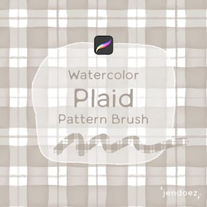 Könnte beinhalten: Eine digitale Grafik mit einem beigen und weißen Aquarell-Karomuster. Zentriert ist eine weiße, abgerundete Form mit dem Text Watercolor Plaid Pattern Brush, einem Procreate-Symbol und einer wellenförmigen Musterlinie. Unten rechts steht jendoez.