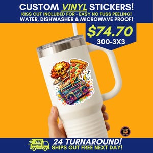 May include: A white stainless steel travel mug featuring a colorful vinyl sticker. The sticker displays a skull emerging from a mushroom cloud, a slice of pepperoni pizza, and a retro boombox, all surrounded by vibrant paint splatters and lightning.