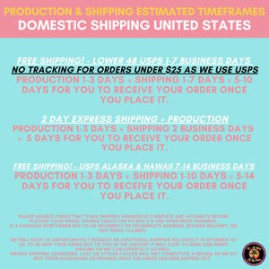 May include: A light blue informational graphic with pink headers detailing production and shipping timeframes for the United States. The text outlines USPS delivery estimates, express options, and policies regarding address accuracy and order returns.