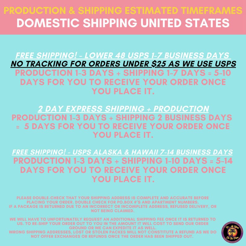 May include: A light blue informational graphic with pink headers detailing production and shipping timeframes for the United States. The text outlines USPS delivery estimates, express options, and policies regarding address accuracy and order returns.