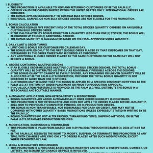 May include: A light blue informational document titled 10% EXTRA FREE STICKER OFFER RULES AND DISCLOSURE. The text outlines terms for a bulk sticker quantity bonus, including eligibility, bonus calculation, daily limits, and legal disclosures.