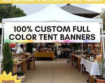 May include: A white tent with a banner that reads "100% CUSTOM FULL COLOR TENT BANNERS." The banner is above tables displaying products. The text "12 & 18 INCH TENT BANNERS!" is at the top. The website address is www.bethepalm.com.