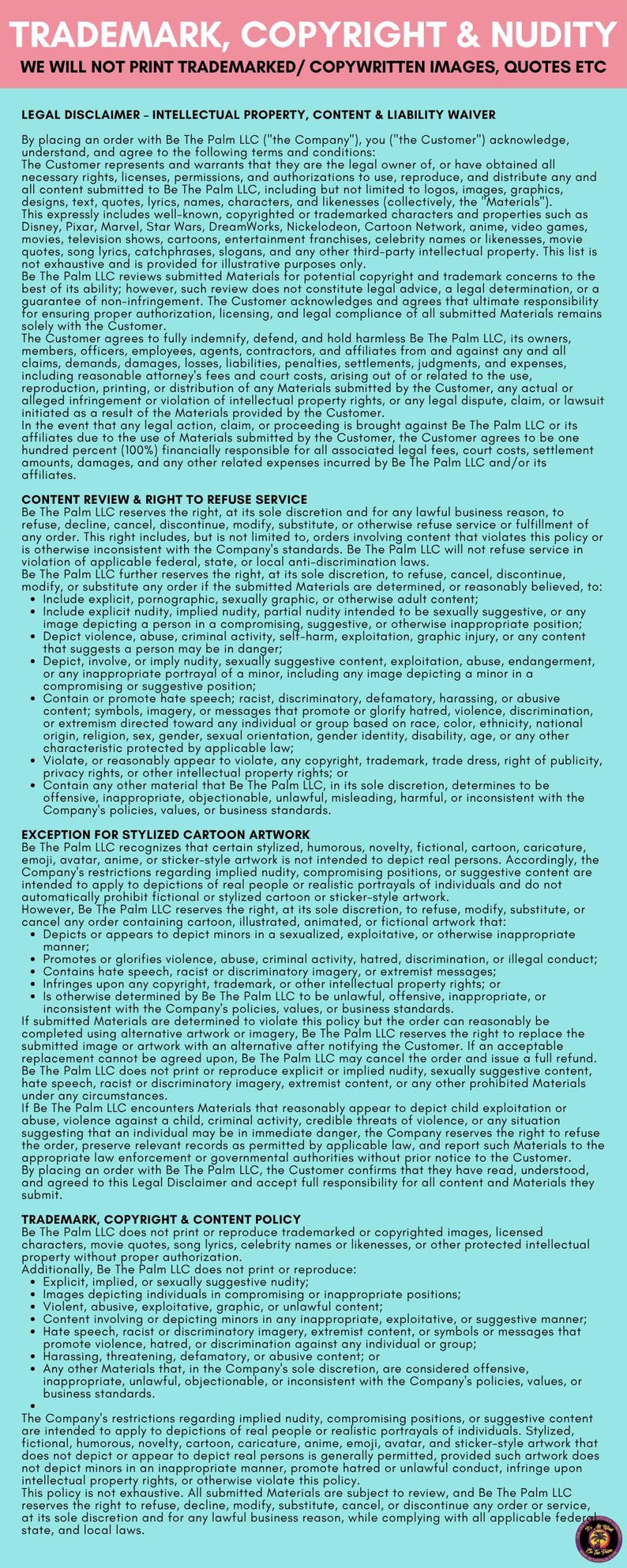 May include: A legal disclaimer document titled TRADEMARK, COPYRIGHT & NUDITY in bold red text at the top. The document contains detailed sections regarding intellectual property, content liability waivers, and service refusal policies in black text.