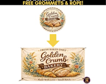 May include: A banner for "Golden Crumb Bakery" with the text "Fresh Baked Daily." The banner features illustrations of baked goods and floral elements. The text "Made With Love + Small Batch" is also included. The banner also includes the text "BANNER ADD ON! FREE GROMMETS & ROPE!"