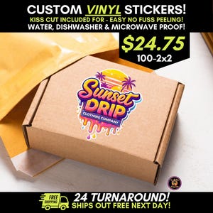 May include: A brown cardboard box featuring a colorful vinyl sticker with a sunset graphic, palm trees, and the text Sunset Drip Clothing Company. The sticker design includes a dripping paint effect in shades of pink, orange, yellow, and purple.