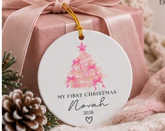Baby’s First Christmas Ornament 2026, Personalized Baby Name Ornament, Pink Bow Christmas Tree, First Christmas Keepsake, Newborn Girl Gift