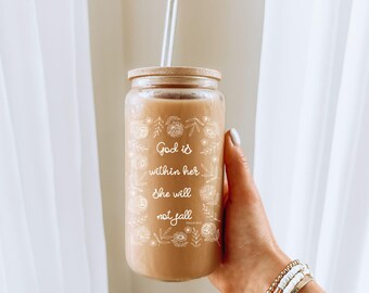 Bible Verse Coffee Lover Mug Psalm 46:5 God Is Within Her Christian Iced Coffee Glass With Lid & Straw Gift For Her Religious Cup