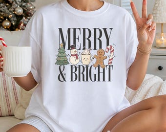 Merry and Bright Christmas Shirt Cute Holiday Graphic Tee Gingerbread Christmas Shirt Festive Xmas T Shirt Christmas Gift for Her Family Tee