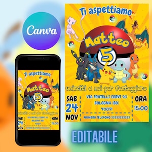 INVITO Festa di compleanno POKÉMON BAMBINI - Invito digitale per festa di compleanno, invito stampabile, whatsapp, editabile template canva