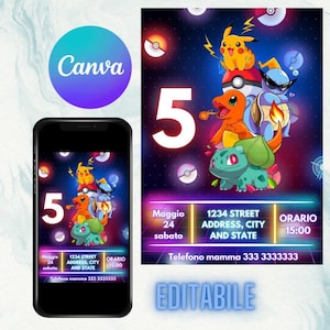 INVITO Festa di compleanno POKÉMON BAMBINI - Invito digitale per festa di compleanno, invito stampabile, whatsapp, editabile template canva