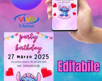 STITCH CHILDREN'S BIRTHDAY PARTY INVITATION - Digital invitation for birthday party, printable invitation, whatsapp, editable canva template