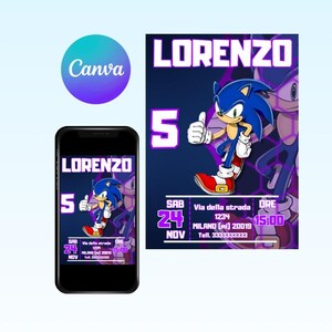 INVITO di COMPLEANNO di SONIC,  invito per la festa dei ragazzi di Super Hedgehog, invito per la festa di Super Sonic, modello Canva