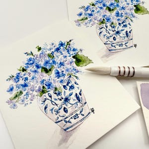Jeu de cartes de correspondance hortensia, 3 cartes aquarelles, vase en porcelaine, cartes de voeux vierges, papeterie florale, paillettes, cartes de remerciement, Je pense à vous