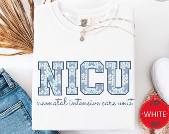Christmas Shirt for NICU Nurses, Blue Toile Gingerbread NICU Tee, Comfort Colors, Neonatal Nurse Holiday Shirt, NICU Nurse Gift