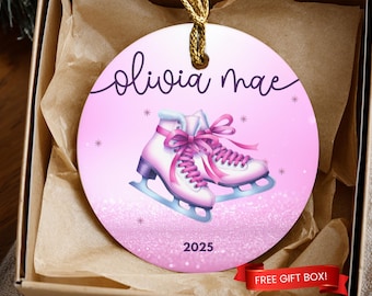 Personalized Figure Skating Ornament, Girls Pink Ice Skates, Custom Name & Year