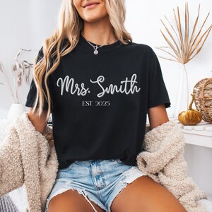 Personalized Mrs T-Shirt, Bride Gift, Newlywed Shirt, Cute Wedding Gift - Unisex Garment-Dyed Tee, Custom Bridal Shirt, Wedding Shower