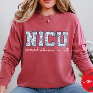 NICU Nurse Christmas Shirt, Blue Toile Gingerbread, Comfort Colors Long Sleeve