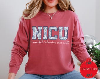 NICU Nurse Christmas Shirt, Blue Toile Gingerbread, Comfort Colors Long Sleeve