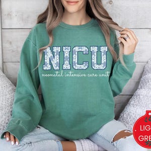 NICU Christmas Sweatshirt for Nurses, Blue Toile Gingerbread NICU Crew, Comfort Colors 1566, Neonatal Nurse Holiday Gift