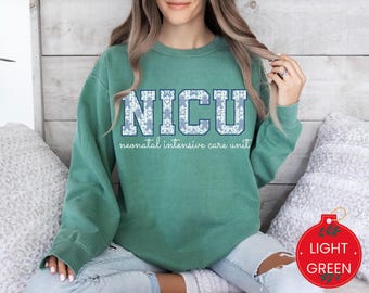 NICU Christmas Sweatshirt for Nurses, Blue Toile Gingerbread NICU Crew, Comfort Colors 1566, Neonatal Nurse Holiday Gift