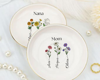 Personalized Birth Flower Gift for Her Custom Name Jewelry Dish Birth Month Flower Gift for Mommom Grandma Nana Mothers Day Gift