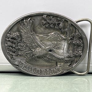 Colorado Belt Buckle 1986 USA C+J Inc Eagle Landscape Mountains Vintage