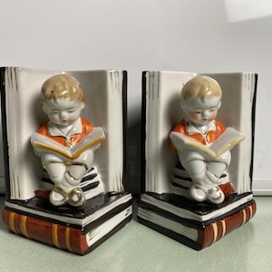 Vintage Porcelain Bookends Boys Reading On Stacked Books Cute Japan