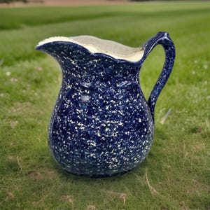 Vintage Cash Family Pottery Pitcher Giant Decorative Handpainted Blue White 1945