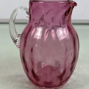 Vintage Cranberry Pink Glass Creamer Cup Hand-Blown Ribbed Clear Handle