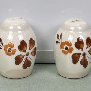 Könnte beinhalten: Ein Paar Salz- und Pfefferstreuer aus Keramik. Die Streuer sind cremefarben mit einem floralen Design in Braun und Orange. Jeder Streuer hat oben drei Löcher zum Dosieren.