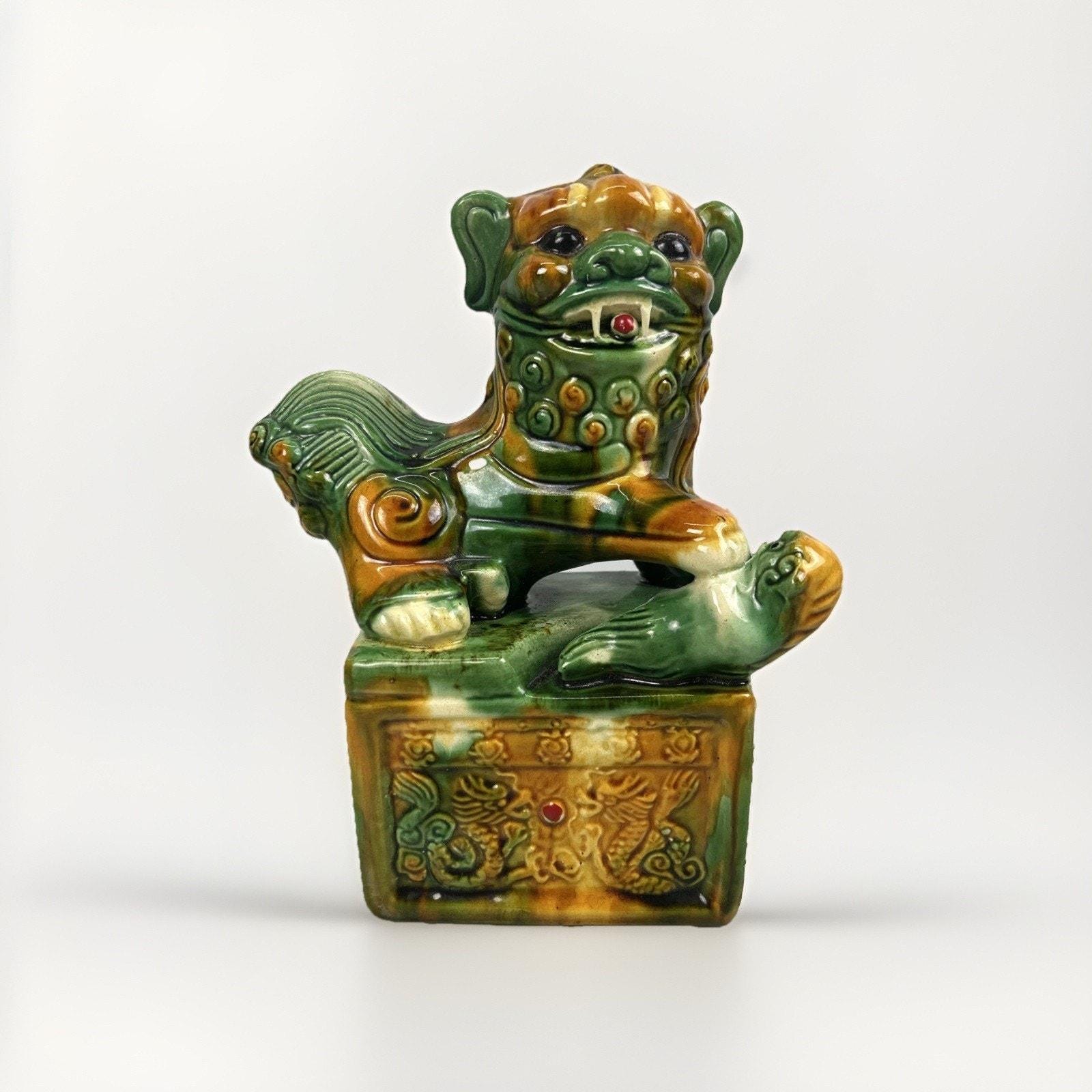 Large Chinese Glazed Ceramic Foo Dog Guardian Lion Green Sancai