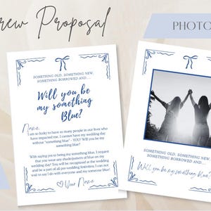 Tarjeta de propuesta de Blue Crew, algo antiguo, algo nuevo, algo prestado, tradición, tarjeta personalizada, editable en Canva