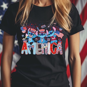 Maglietta Patriotic Stitch America - Maglietta con simpatici cartoni animati per il 4 luglio, maglietta grafica con fuochi d'artificio e bandiere degli Stati Uniti