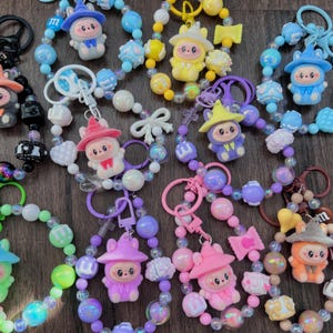 Labubu Key Charms, Labubu keychains, labubu bag charms with beaded Straps, Kawaii bag charms, Multicolor mini labubu figurine charm keychain