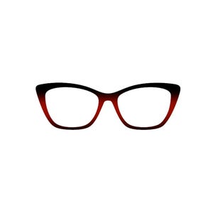 May include: A pair of cat-eye eyeglasses with a gradient design. The frames transition from black at the top to a deep red at the bottom. The lenses are clear, and the overall shape is a classic, stylish design.