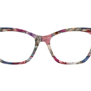 May include: Cat-eye style eyeglasses with a floral patchwork pattern. The frames feature a mix of colors including pink, blue, purple, and white. The lenses are clear, and the overall design is stylish and feminine.