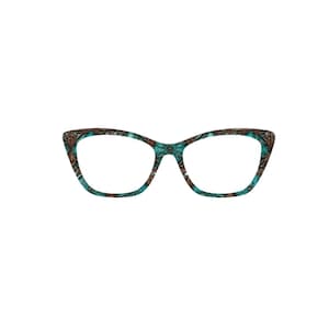 May include: A pair of teal cat-eye glasses with a brown and teal patterned frame.