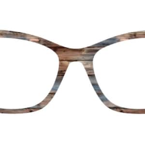 May include: Cat-eye style eyeglasses with a wood grain pattern in shades of brown and blue. The frames have a classic shape with a wide, curved top and a narrow bottom, suitable for various face shapes. The lenses are clear.