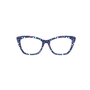 May include: Cat-eye style eyeglasses with a navy blue frame decorated with a pattern of red and white stars. The glasses have a classic, feminine shape and are set against a white background.