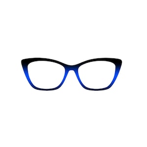 May include: Cat-eye style eyeglasses with a gradient design. The frames transition from black at the top to a vibrant blue at the bottom. The lenses are clear, and the overall shape is a classic, stylish design.