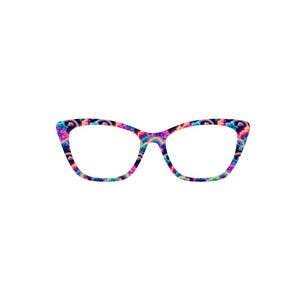 May include: A pair of cat-eye glasses with a colorful rainbow and cloud pattern on the frame.